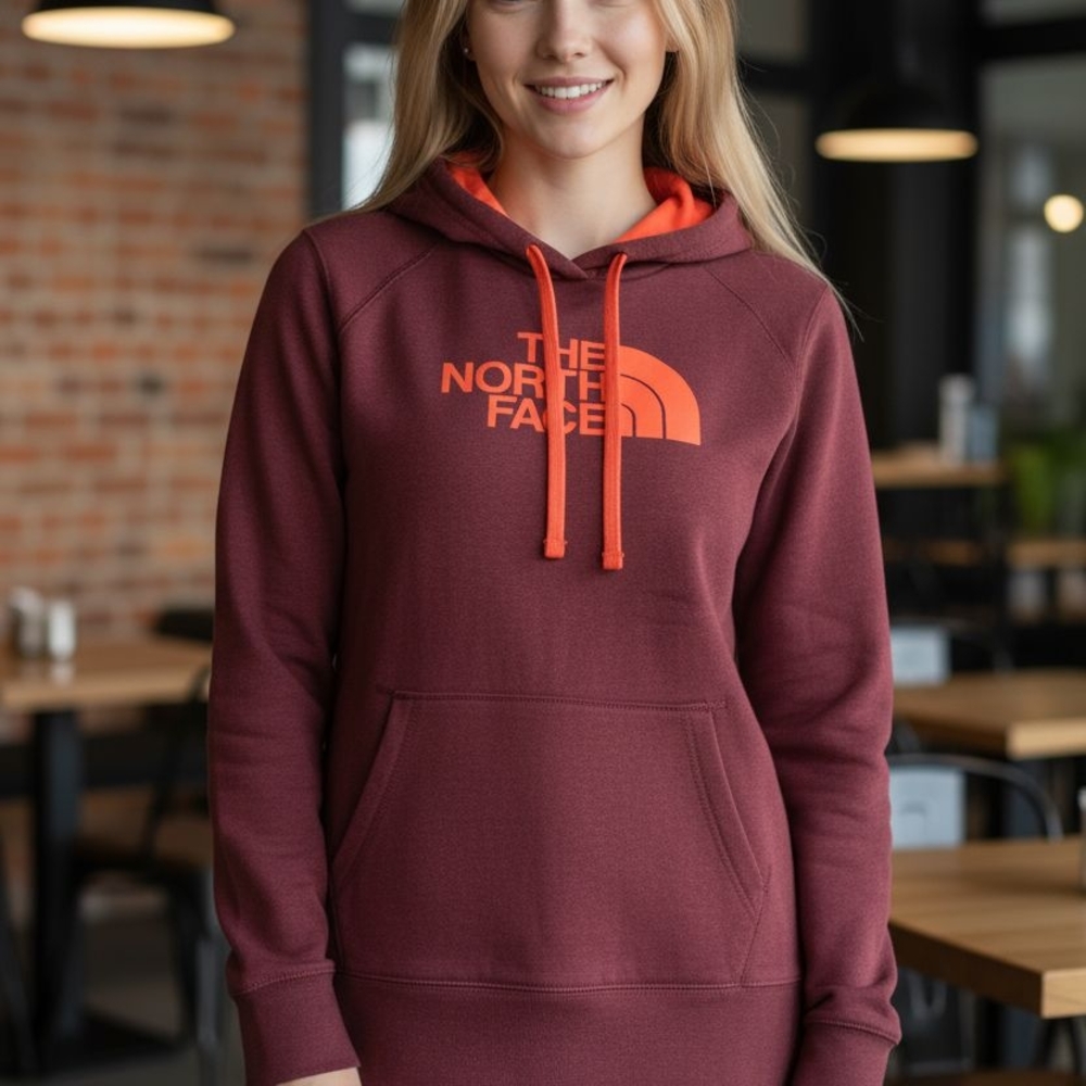The North Face Women's Maroon Hoodie with Orange Accents